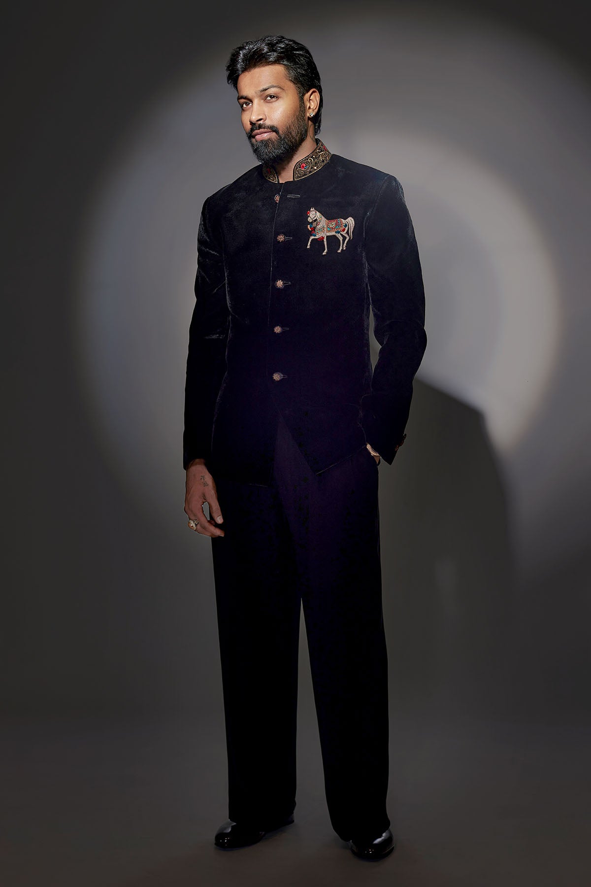 Embroidered Black Velvet Bandhgala With Motif