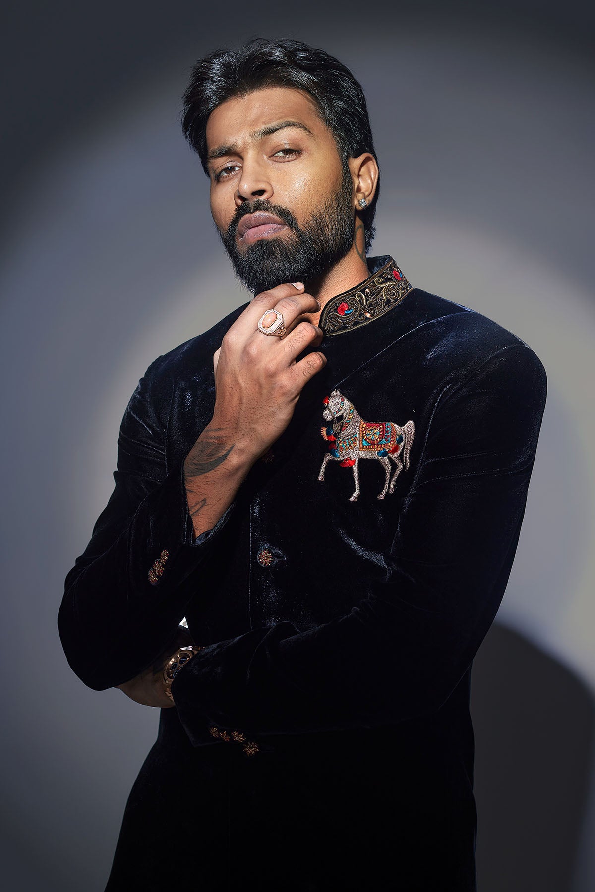 Embroidered Black Velvet Bandhgala With Motif