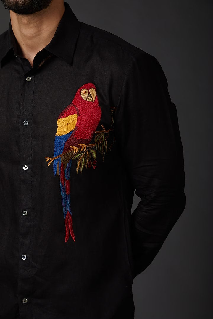 Black Embroidered Linen Shirt With Bird Print