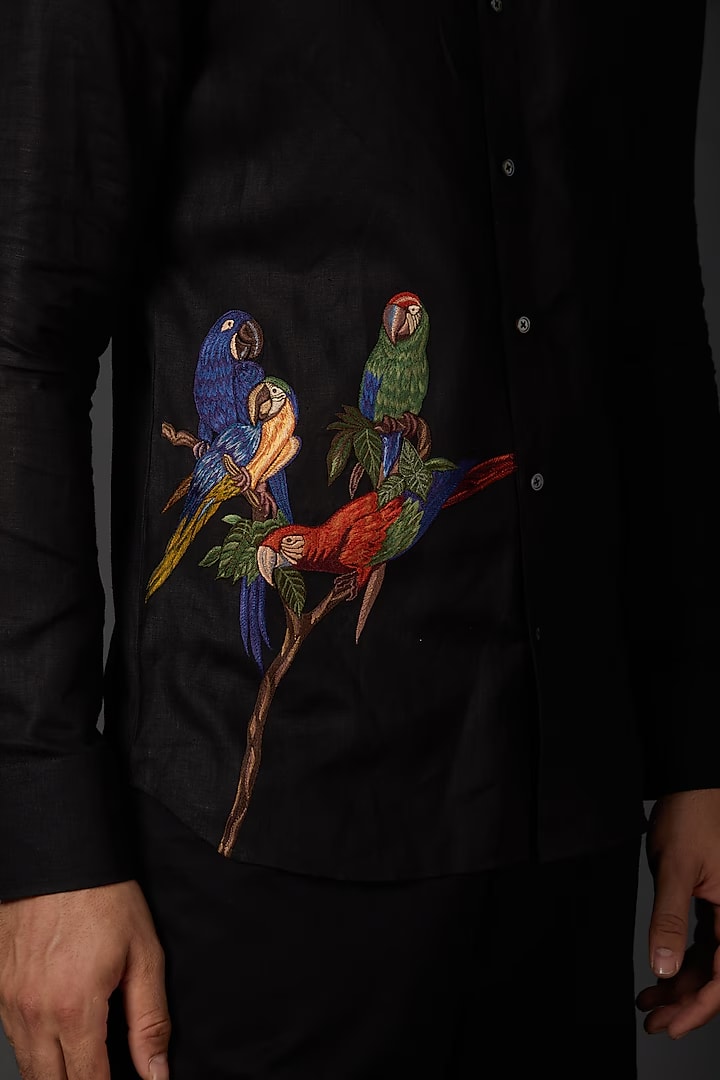 Black Linen Shirt With Bird Embroidery