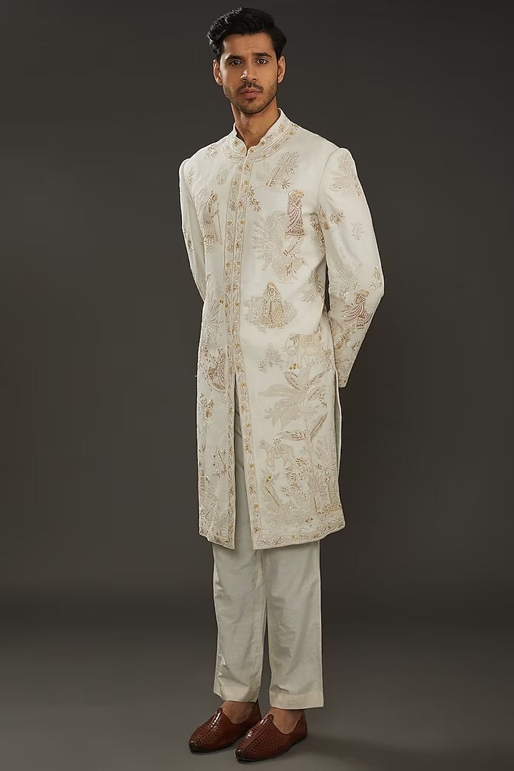 Men Ivory Matka Silk Hand Embroidered Sherwani