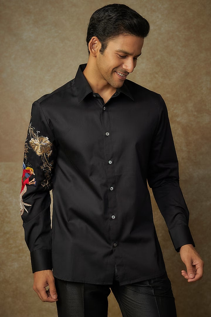 Black Poplin Shirt With Bird Embroidered