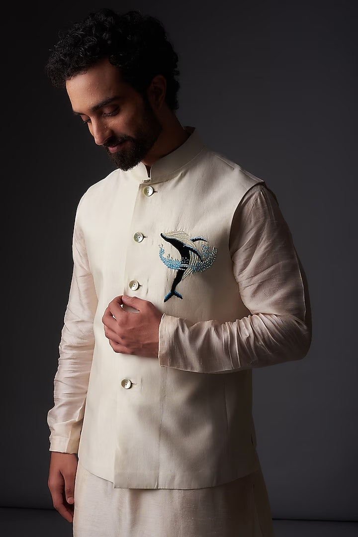 Ivory Chanderi Silk Applique Embroidered bundi