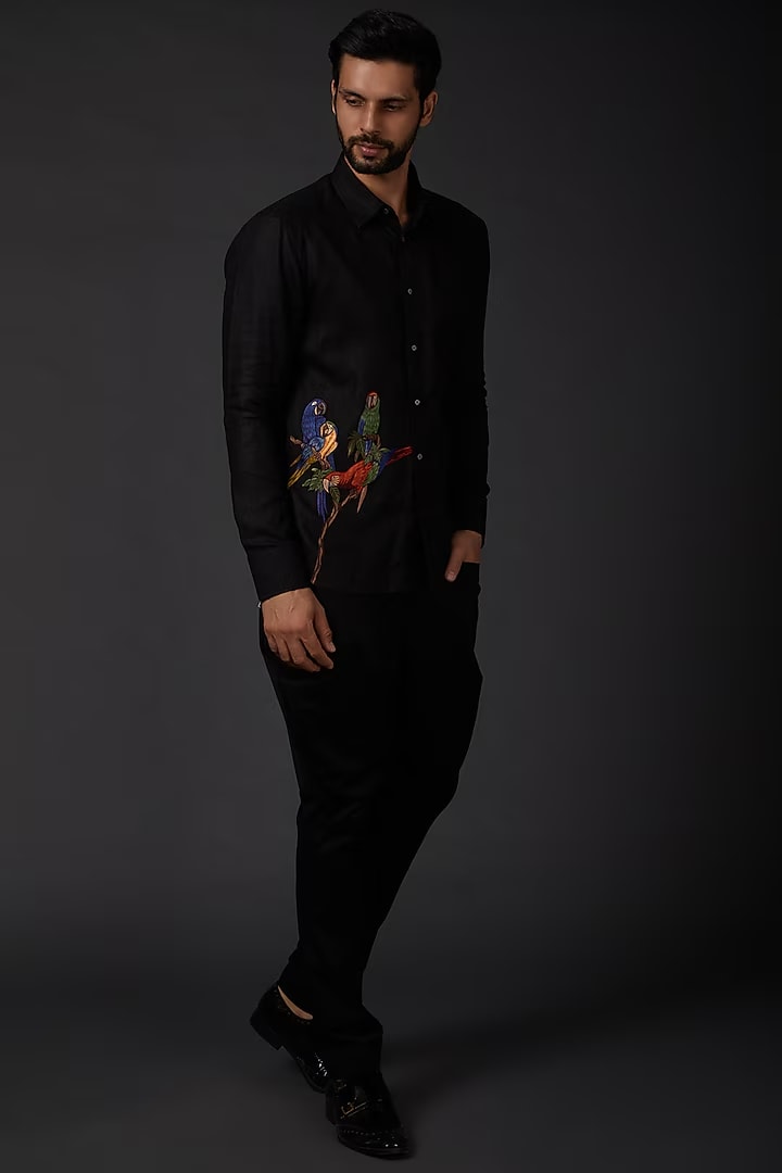 Black Linen Shirt With Bird Embroidery