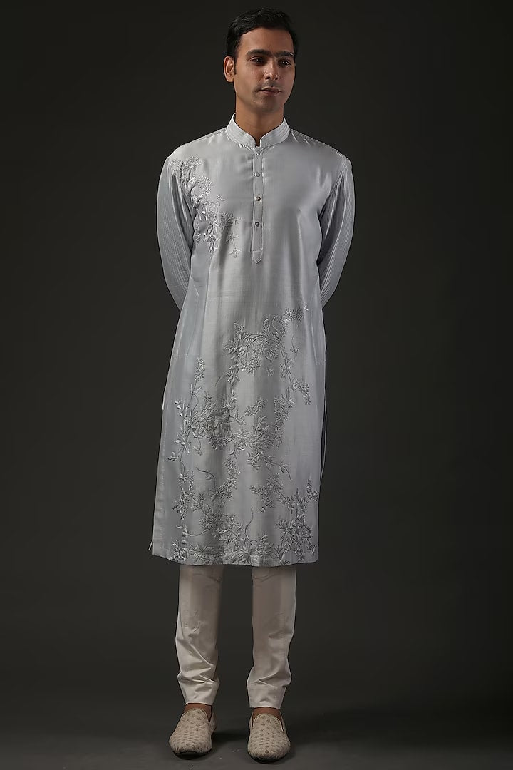 Men Powder Blue Resham Embroidered Kurta Set