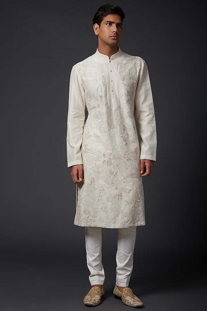 Men Ivory Chanderi Embroidered Kurta Set