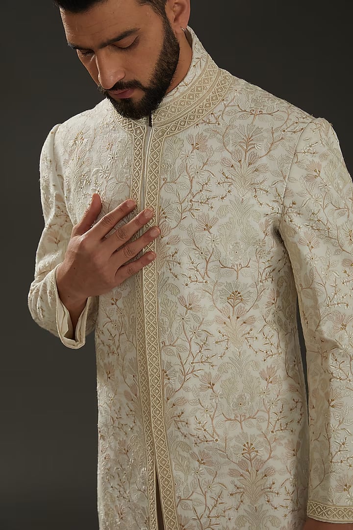 Men Ivory Matka Silk Resham Hand Embroidered Sherwani