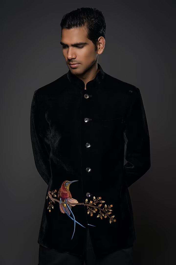 Black Velvet Resham & Thread Hand Embroidered Bandhgala