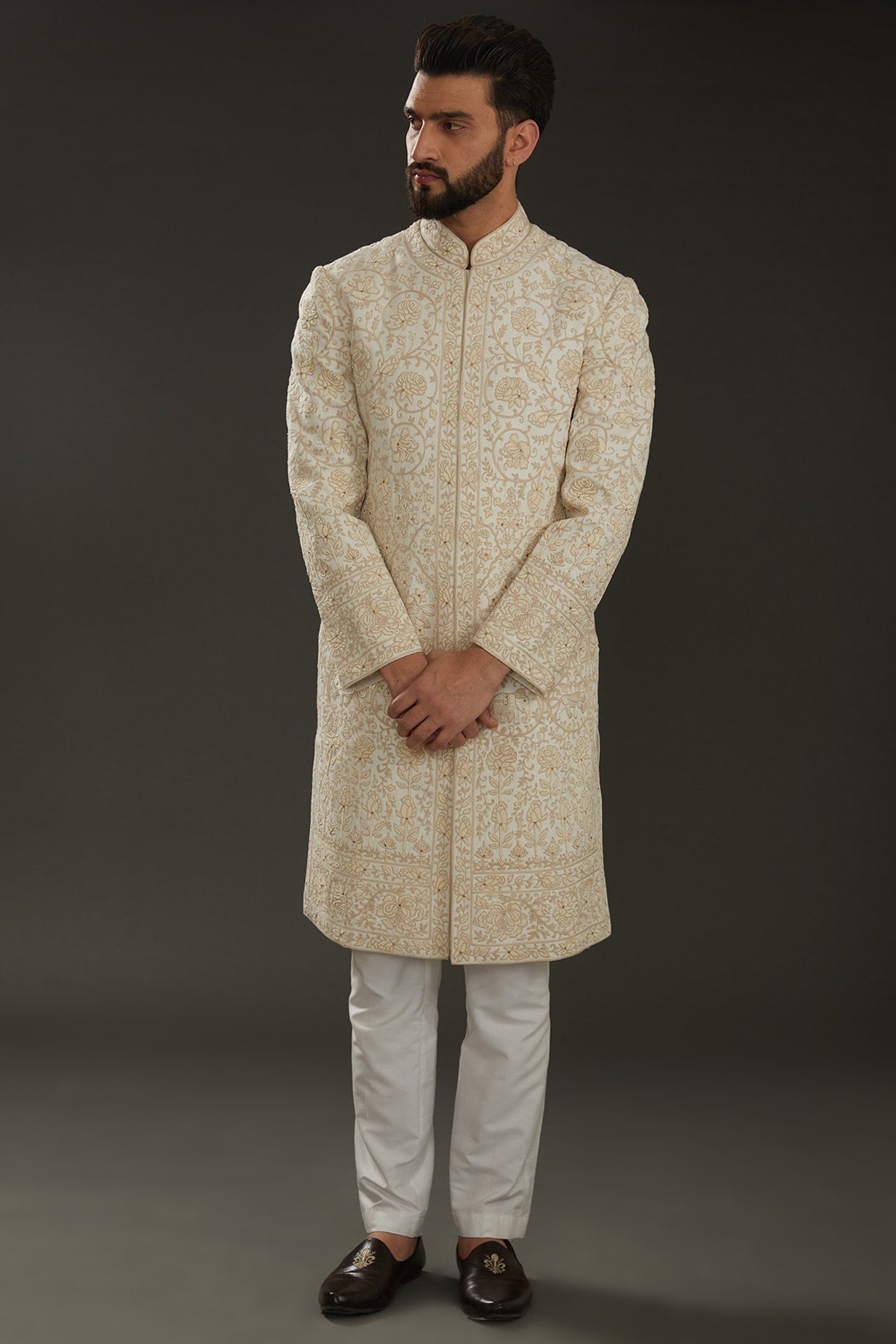 Men Ivory Matka Silk Gold Zari Embroidered Sherwani