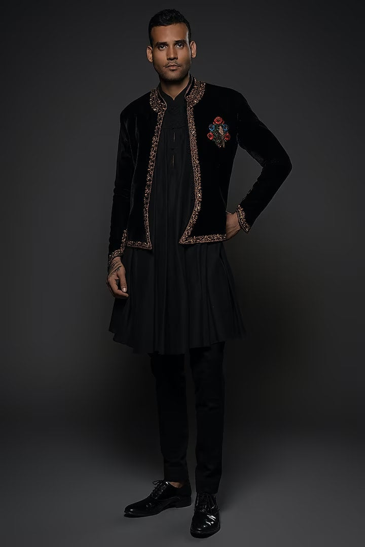 Black Velvet Resham & Thread Hand Embroidered Jacket
