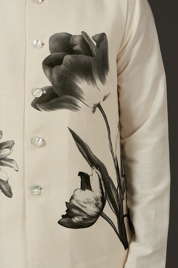 Ivory Linen Floral Printed Bundi