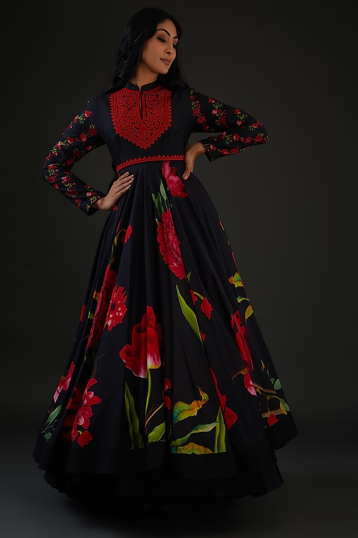 Chanderi Silk Printed Anarkali Set With Neck Embroidery