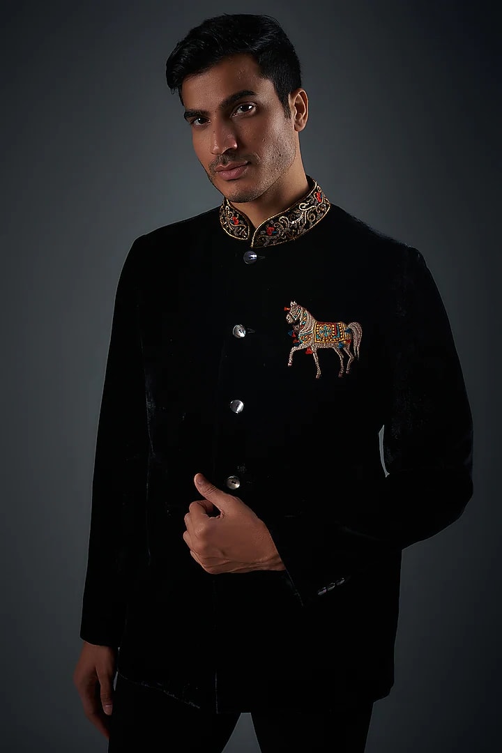 Black Silk Velvet Machine Embroidered Bandhgala
