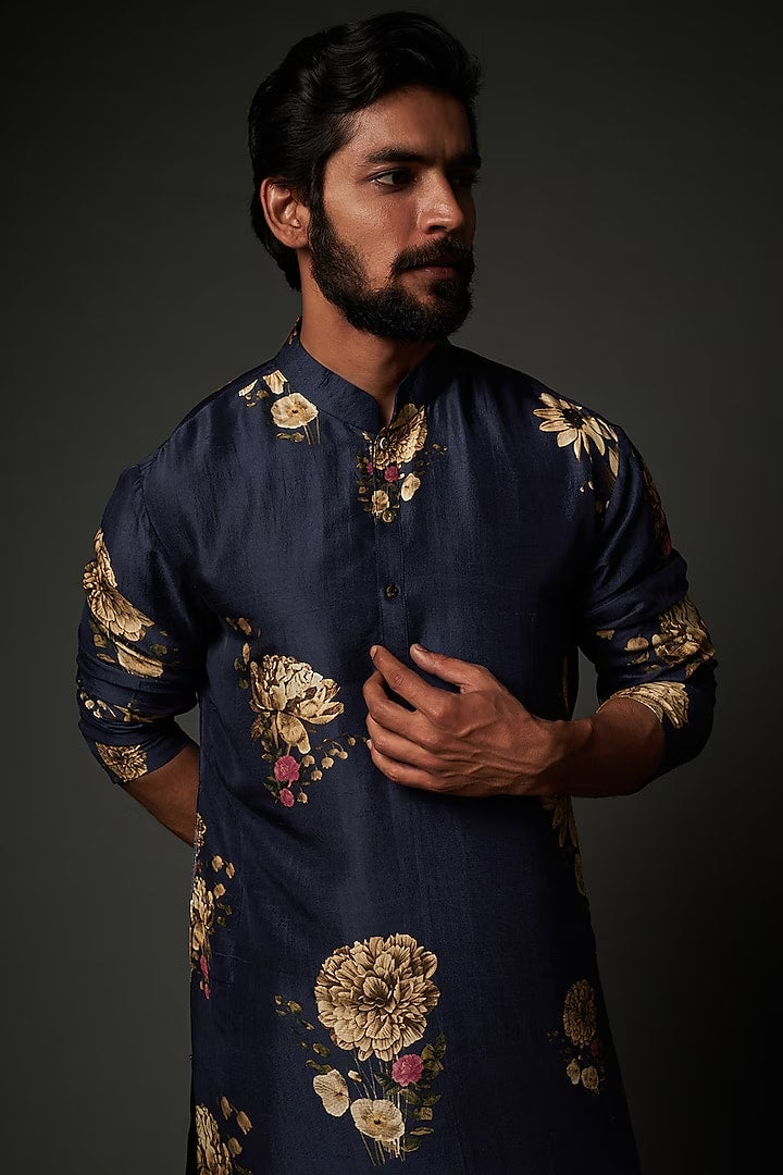 Men Indigo Blue Silk Digital Printed Kurta Set
