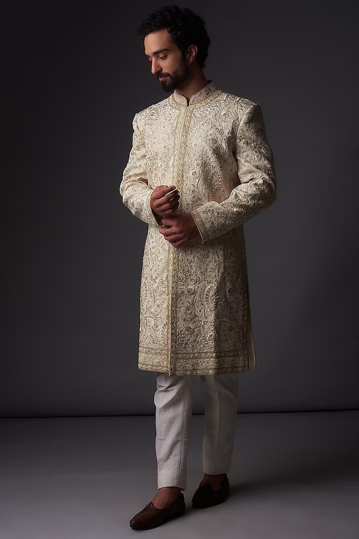Men Ivory Matka Silk Gold Zari Embroidered Sherwani