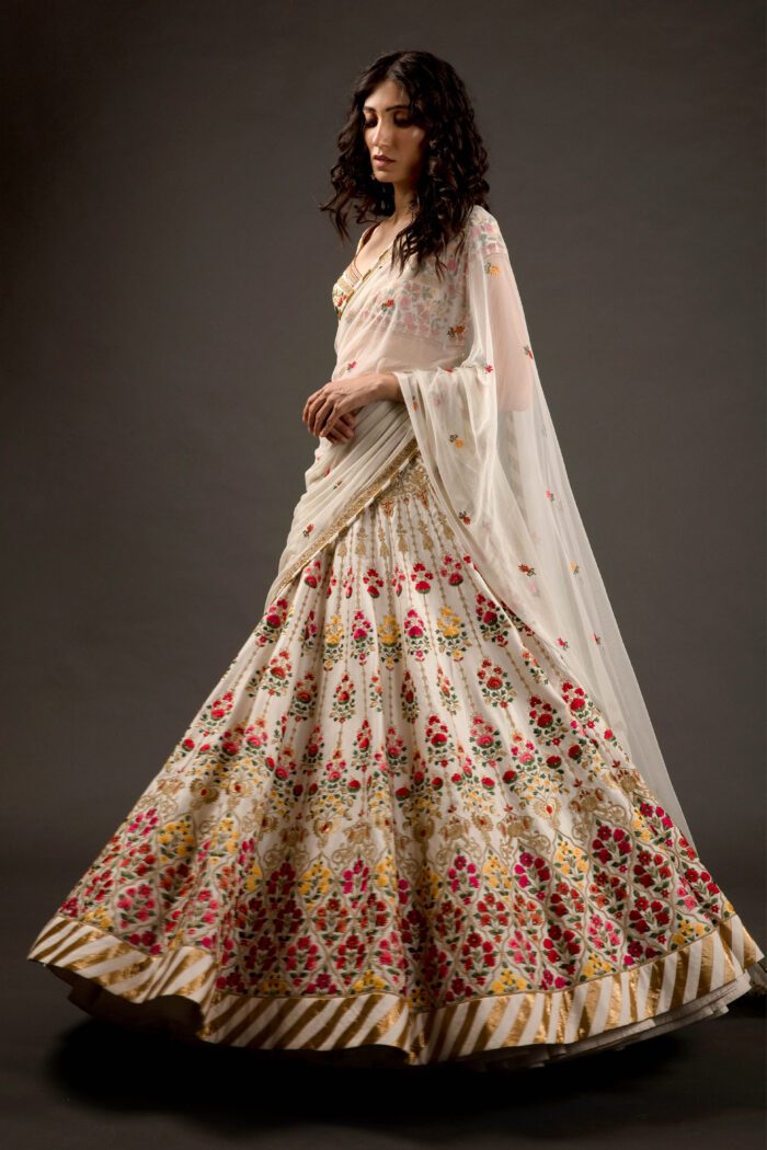 Ivory Chanderi Lehenga Set With Floral Embroidery