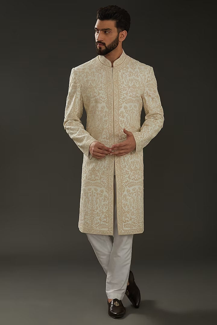 Men Ivory Matka Silk Hand Embroidered Sherwani