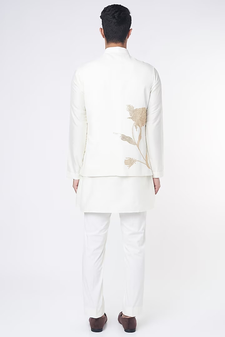 White Linen Sequins Embroidered bundi