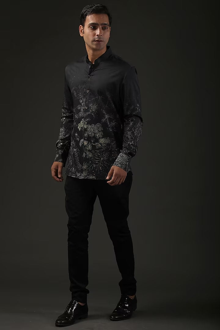 Black Poplin Shibori Digital Printed Shirt