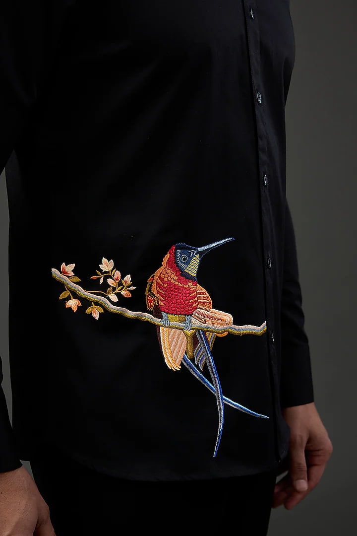 Black Poplin Shirt With Embroidery