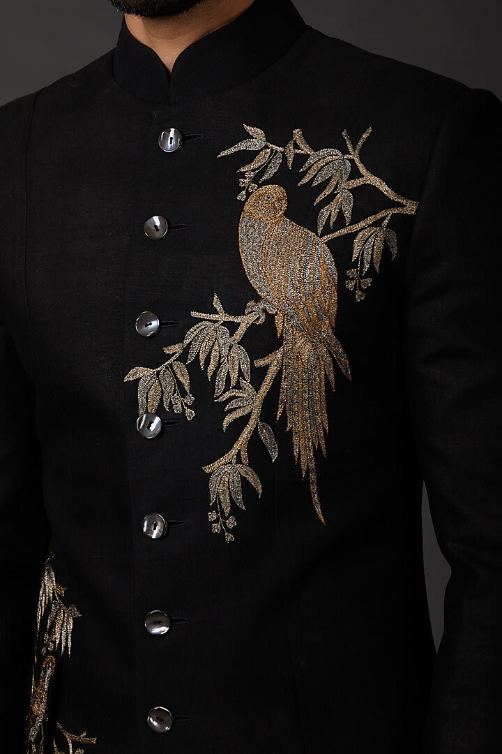 Men Black Sherwani In Matka Silk