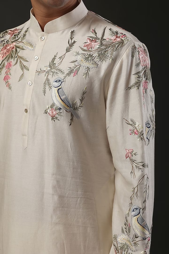 Men Ivory Chanderi Silk Zari Embroidered Kurta Set