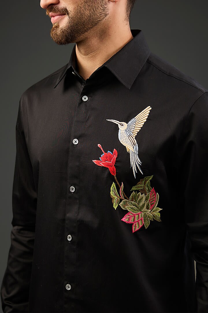 Black Poplin Shirt With Embroidery