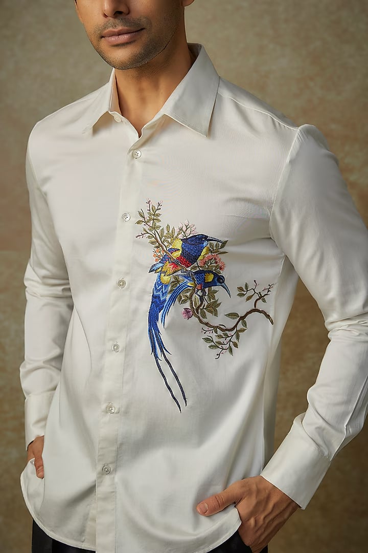 Ivory Poplin Shirt With Bird Embroidery