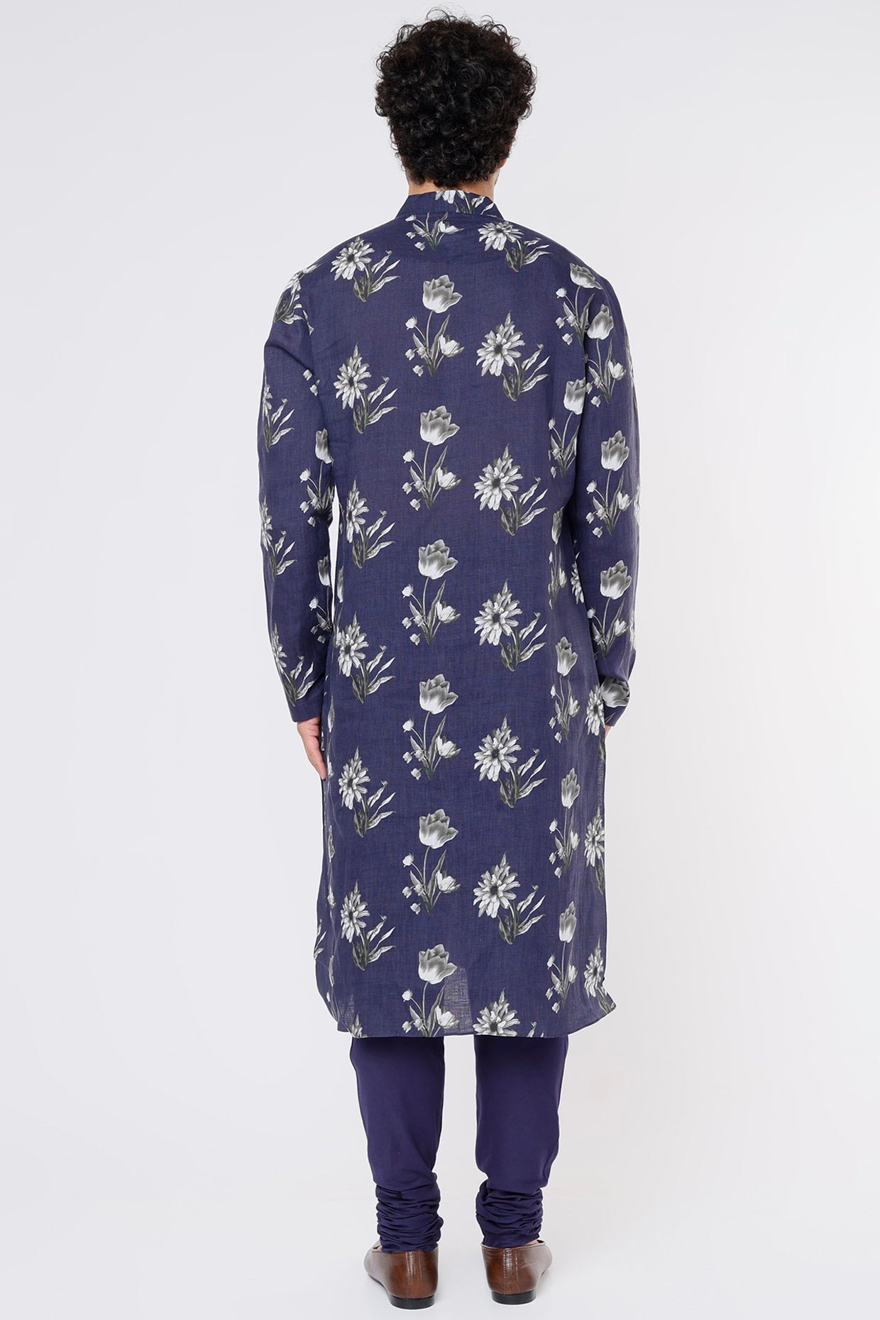 Indigo Linen Printed Kurta With Cotton Churidar