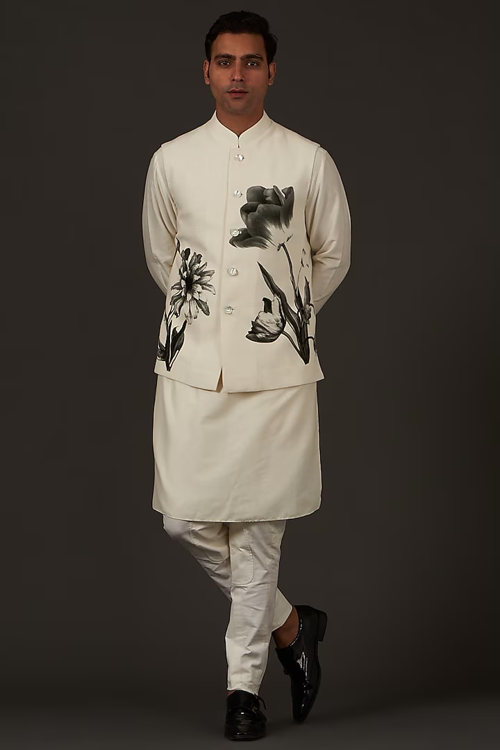Ivory Linen Floral Printed Bundi