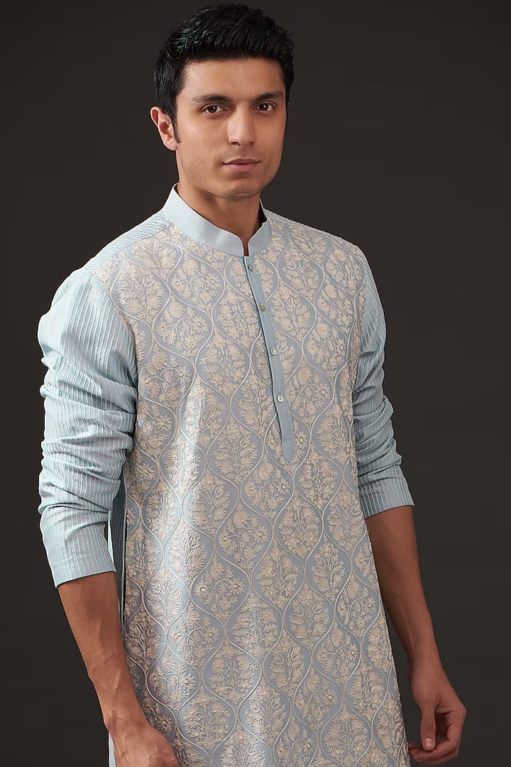 Men Powder Blue Chanderi Silk Resham Hand Embroidered Kurta Set