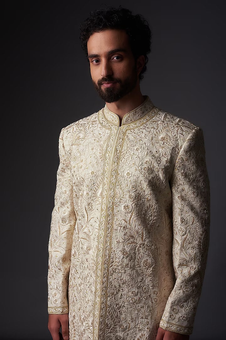 Men Ivory Matka Silk Gold Zari Embroidered Sherwani