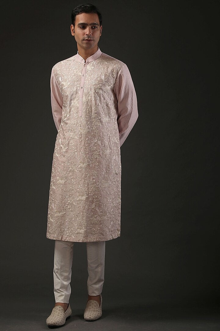 Men Powder Pink Embroidered Kurta Set