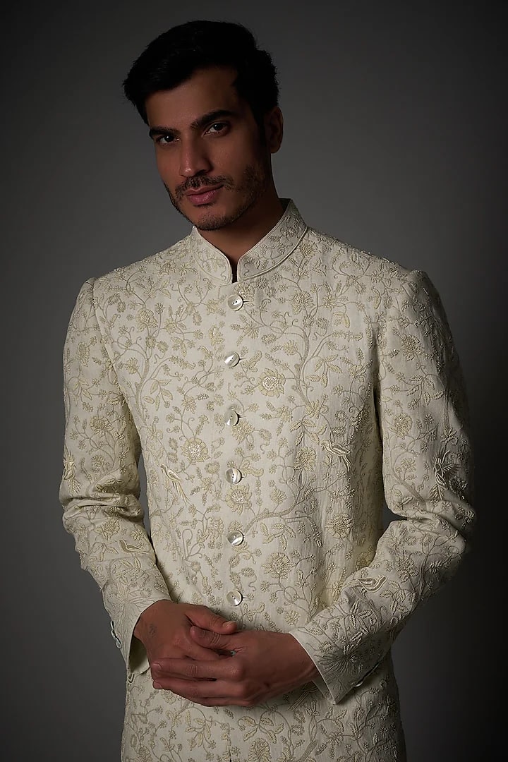 Men Ivory Matka Silk Pearl Hand Embroidered Sherwani