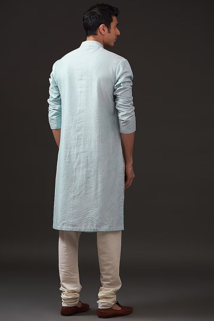 Men Powder Blue Chanderi Silk Resham Hand Embroidered Kurta Set