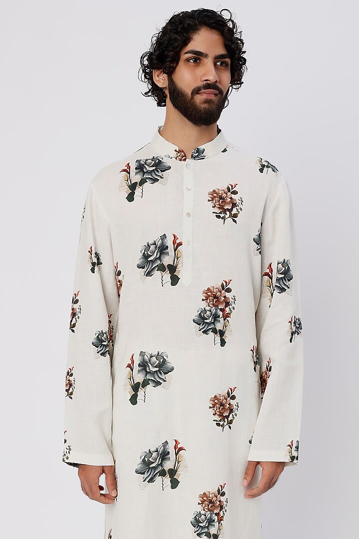 Men Ivory Floral Printed Kurta Set
