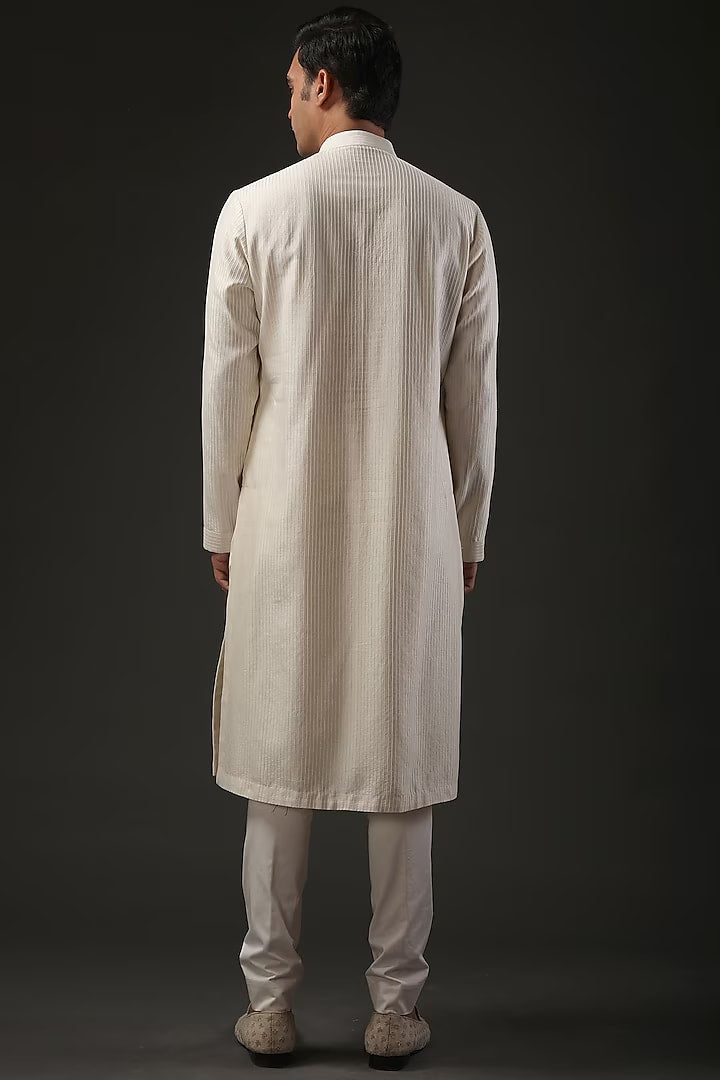 Men Ivory Chanderi Silk Resham Embroidered Kurta Set