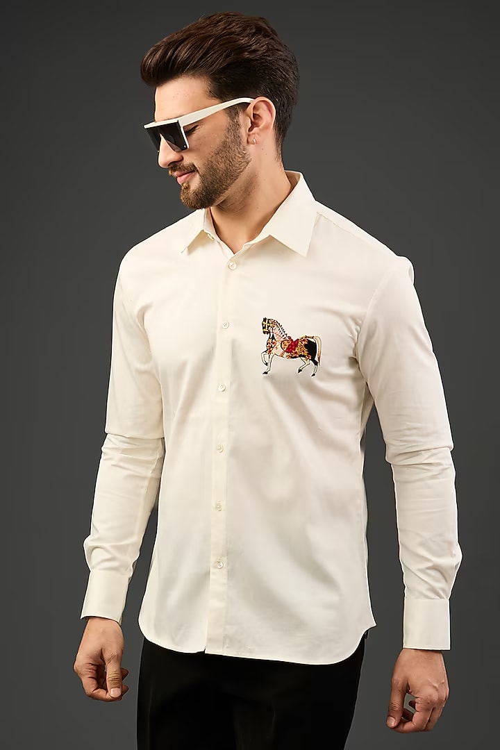 Ivory Poplin Shirt With Bird Embroidery