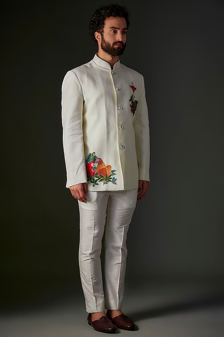 Ivory Matka Silk Hand & Machine Embroidered Bandhgala