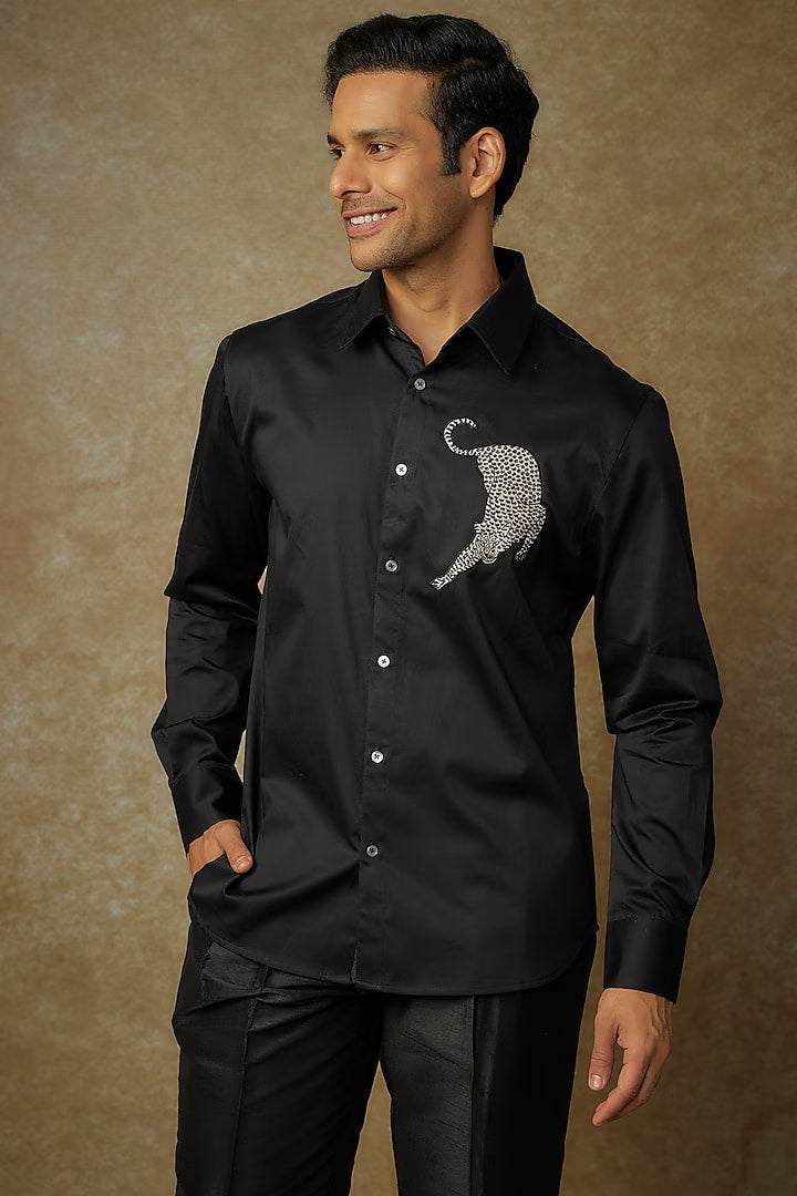 Black Poplin Embroidered Shirt