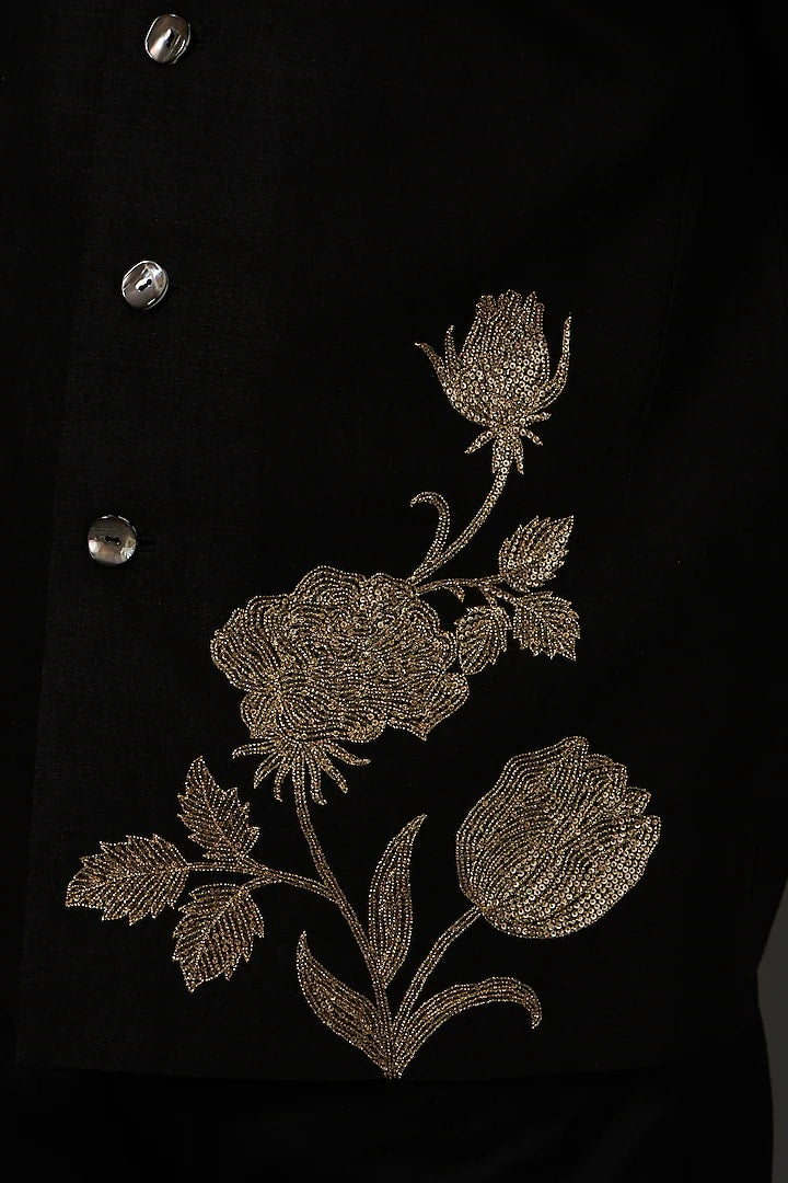 Black Linen Hand Embroidered bundi