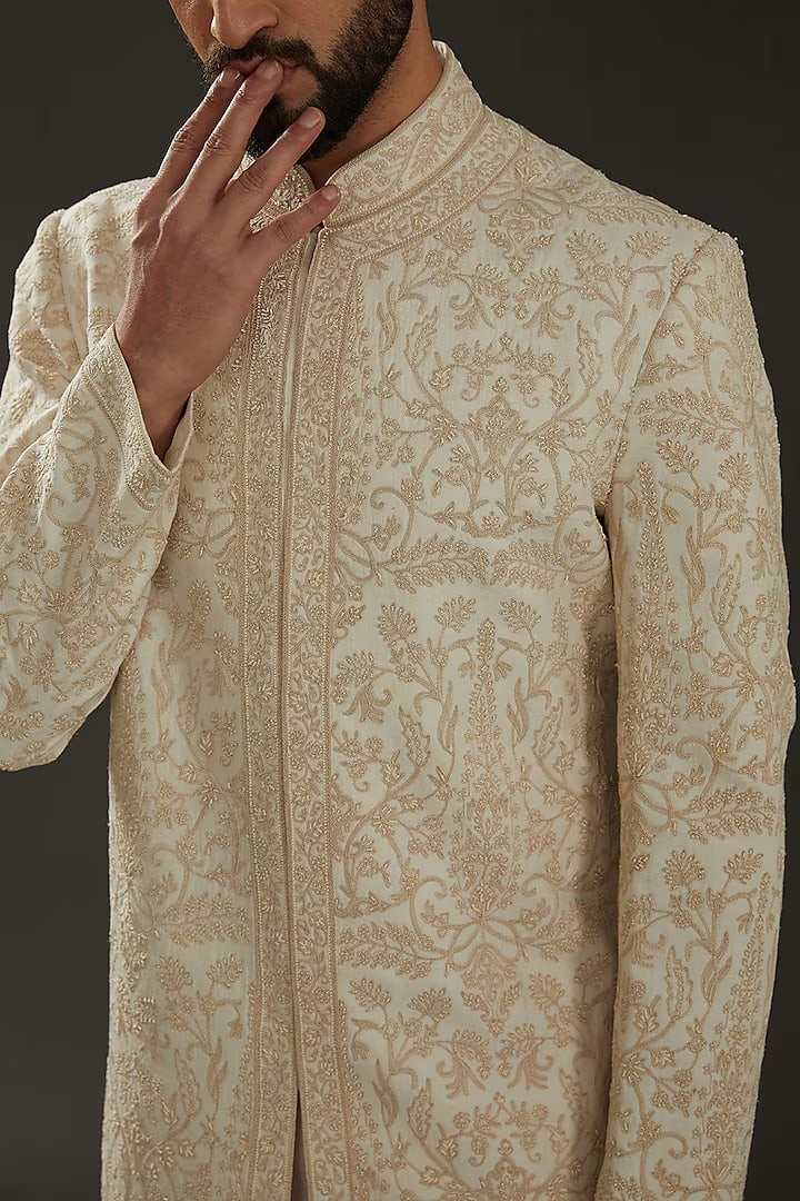 Men Ivory Matka Silk Hand Embroidered Sherwani