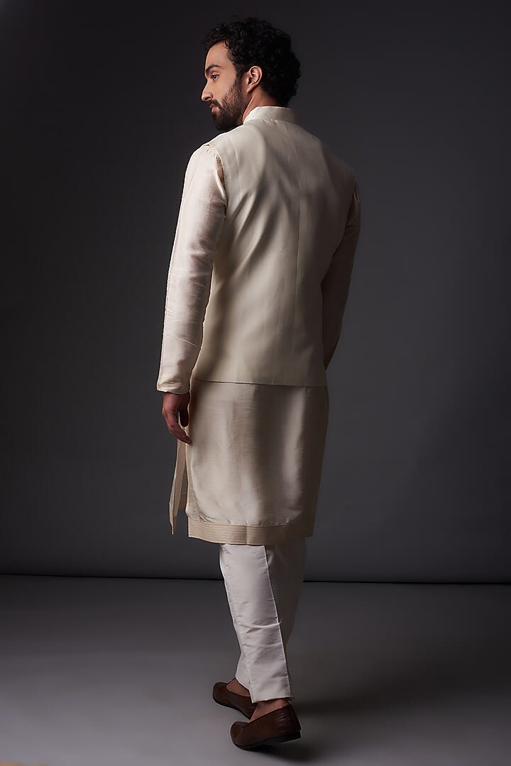 Ivory Chanderi Silk Applique Embroidered bundi