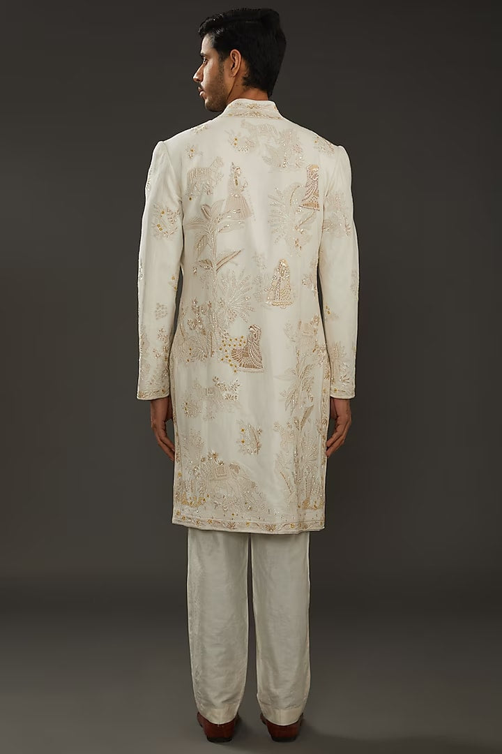 Men Ivory Matka Silk Hand Embroidered Sherwani