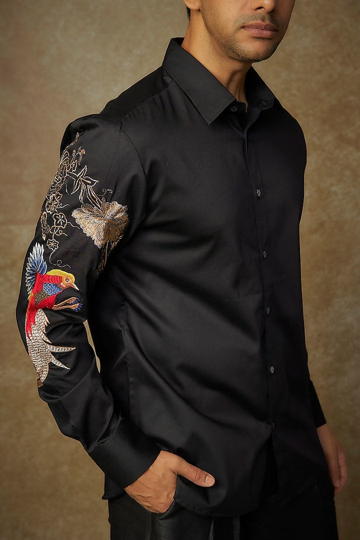 Black Poplin Shirt With Bird Embroidered