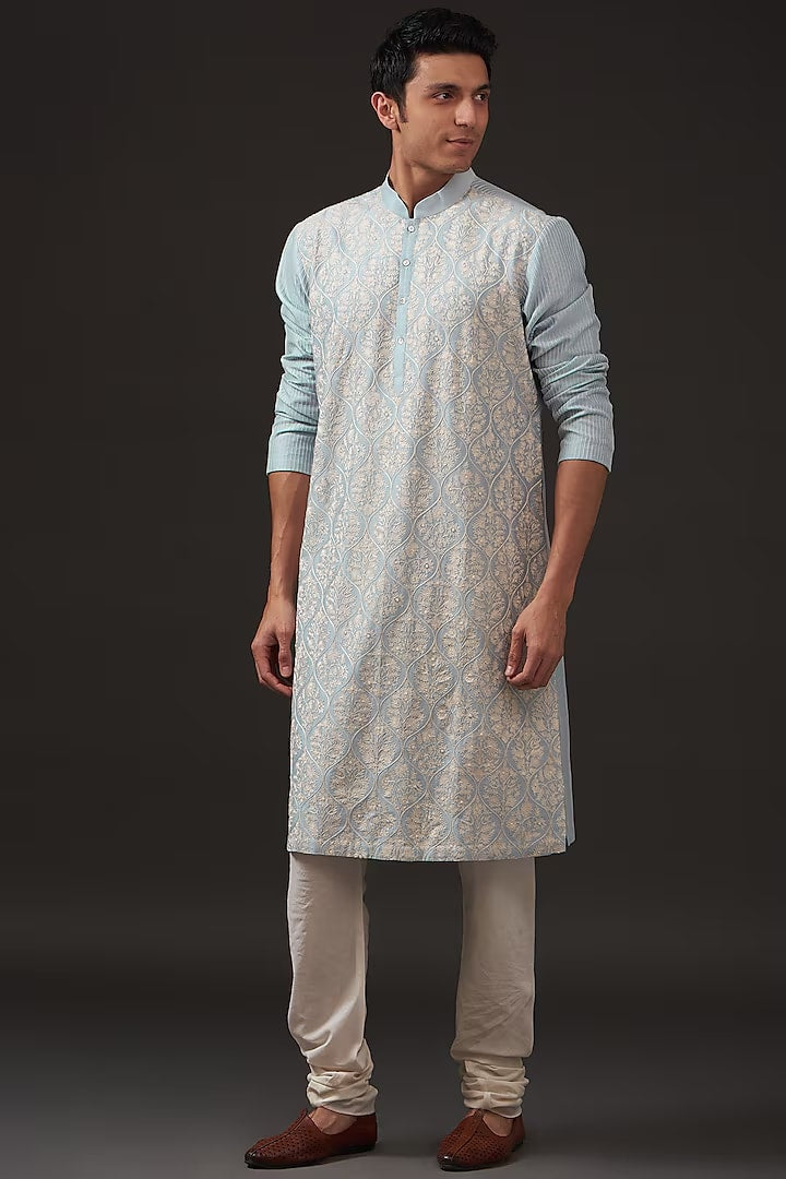 Men Powder Blue Chanderi Silk Resham Hand Embroidered Kurta Set