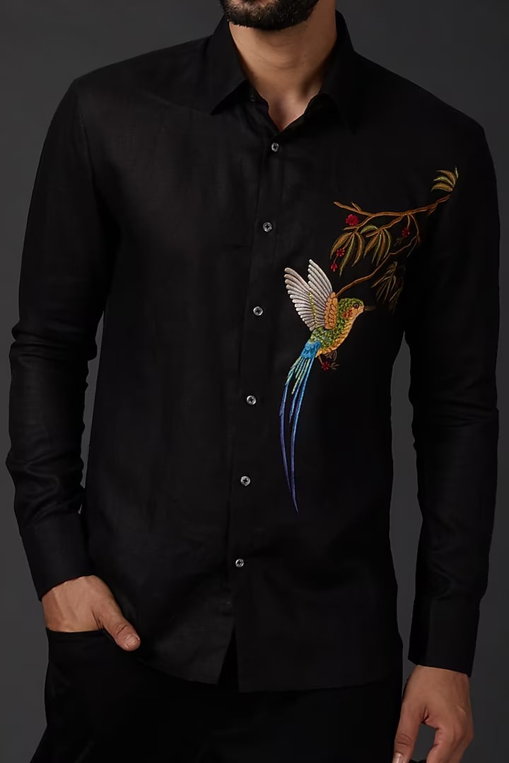 Men's Black Linen Shirt With Bird Embroidery