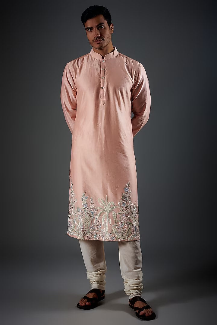 Men Dull Pink Chanderi Silk Hand Embroidered Kurta Set