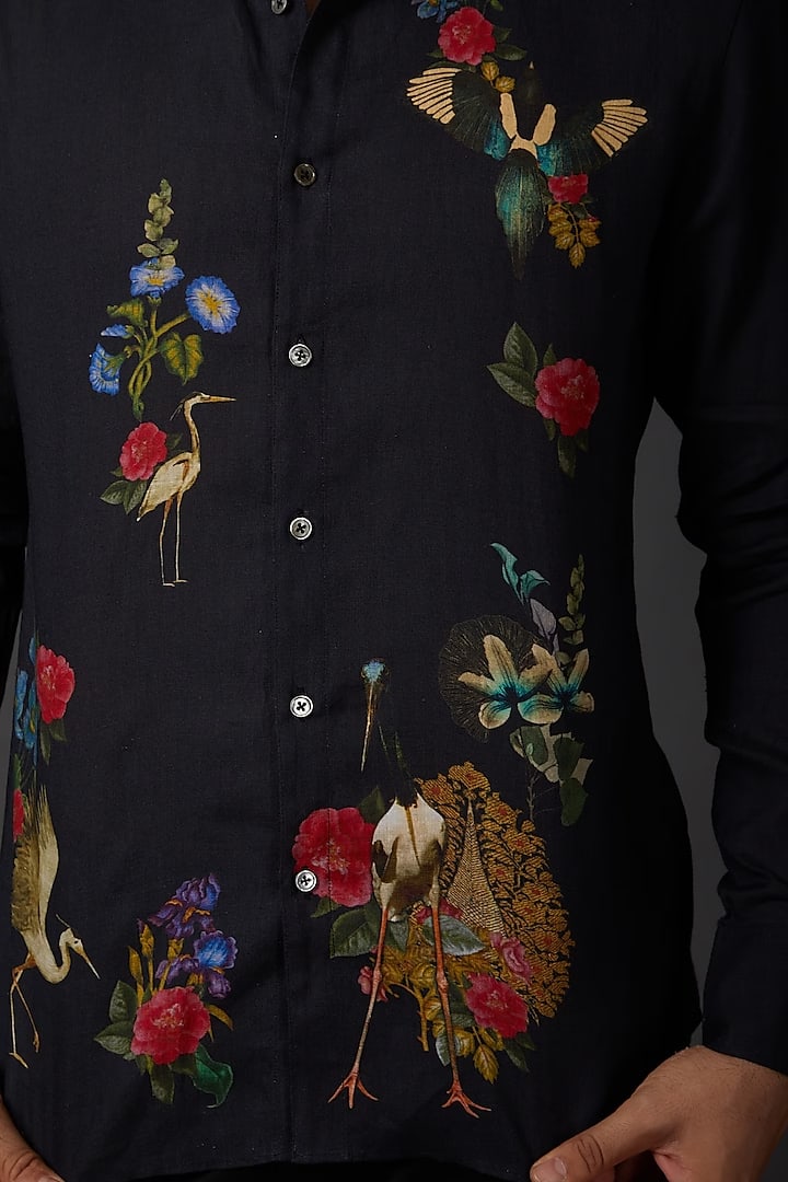 Black Poplin Shirt With Bird Embroidery