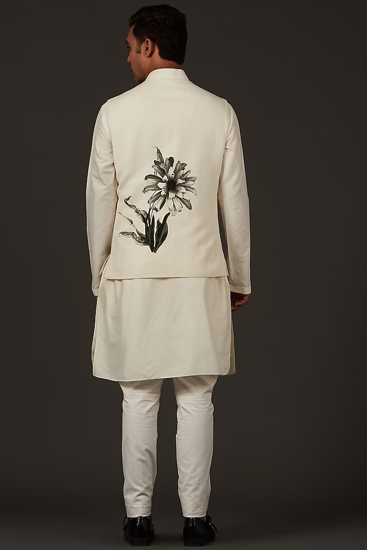 Ivory Linen Floral Printed Bundi